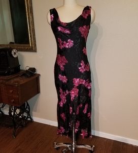 Black and hot pink silk blend beaded bias dress